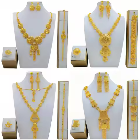 4Pcs Gold Color Indian Bridal Alloy Jewelry Set Dubai Necklace Earrings For Women Wedding 24k Gold P
