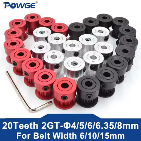 POWGE GT 20 Teeth 2GT Timing Pulley Bore 4/5/6/6.35/8mm for 2MGT GT2 Synchronous belt width 6/10/15m