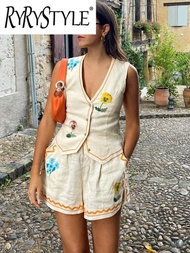 Elegant Flower Embroidery Shorts Sets For Women New Sleeveless V-neck Vest High Waist Loose Shorts L