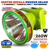 Senter Kepala Anti Air ORIGINAL Daya Besar 260W BONUS Lensa Kuning & Biru + Kacamata Selam | Baterai