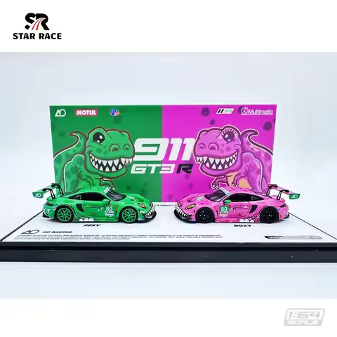 TIMEMICRO&SR 1:64 STAR RACE Por 911 GT3 Tyrannosaurus Green/Pink paint alloy car model set,Safe pack