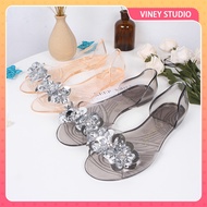 [Ready] Women's Flat Sandals Glass Jelly Shoes Women's Fashion Casual Shoes Diamond Glitter Jelly Sandals