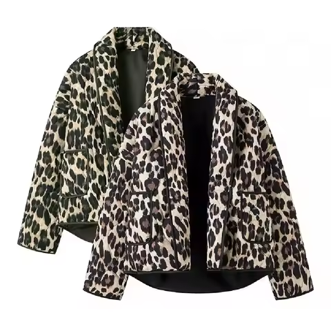 Retro Coffee Black Leopard Print Lapel Quilted Coat Ethnic Women Quilting Full Sleeve Warm Loose Jac