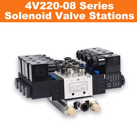4V220-08 Series Pneumatic Solenoid Valve Station 5/2 Way Double Coil Manifold 2-10 Row with Fittings