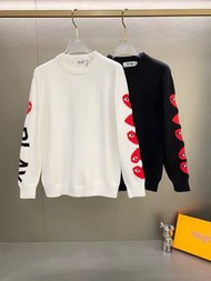 PLAY Sweater Comme des Garcons 川久保玲袖子波點紅倒心針織長袖拼接圓領套頭毛衣