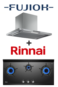 FUJIOH FR-CL1890 CHIMNEY HOOD WITH OIL SMASHER TECHNOLOGY + RINNAI RB-3CGN 3 BURNER INNER FLAME GLASS GAS HOB