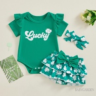 //-Baby Girls Clothes Set  Short Sleeve Letters Print Romper with Shamrock Skort and Hairband Infant Summer Outfit Green