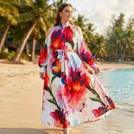 ELLERISSA Curve Elegant Cold Shoulder Maxi Dresses In Large Floral For Women, Watercolor Floral Prin