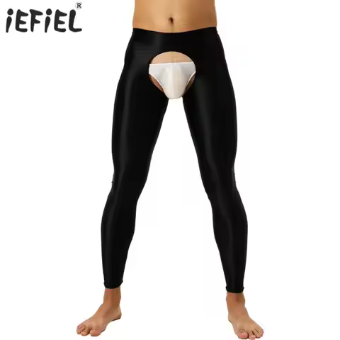 Mens Glossy Exotic Pants Open Crotch Leggings High Waist Slim Fit Tights Underwear Baselayer Pants L