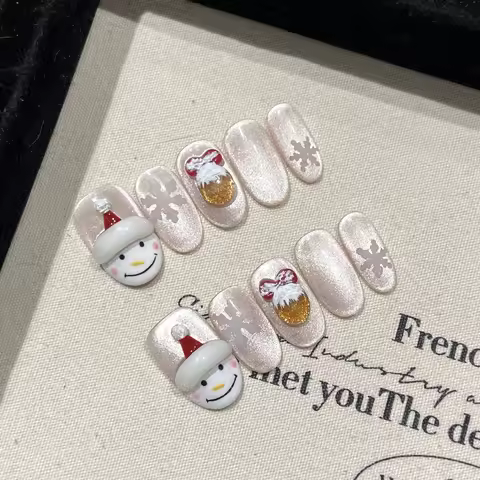 10pcs Handmade Press on Nails Christmas Fake Nails Hand-painted Carved 3D Snowman Decor Wearable Cry