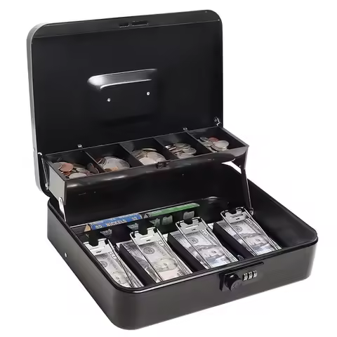 30cm Portable Custom Wholesale Steel Metal Cash Box Money Boxes Euro Coin Chest With Key Lock Cover 