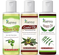 KAZIMA Combo of Olive Oil, Castor Oil and Neem Carrier Oil - 100% Pure &amp; Natural Cold Pressed Oil for Hair, Skin, Face &amp; Body Massage, 200 ml each