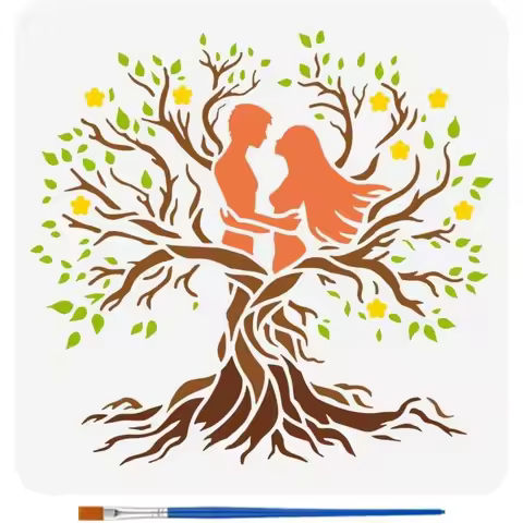 Couple Tree Painting Stencil with 1 Pc Plastic Paint Brush 11.8x11.8 inch Vintage Style Tree of Life