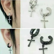 Anting Jepit Titanium Salib Hitam tanpa Lubang Tindik Jepit Pria Keren