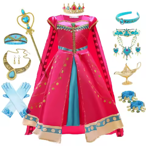 Girls Jasmine Cosplay Costume Red Princess Dress Children Halloween Party Aladdin Outfit Belly Danci