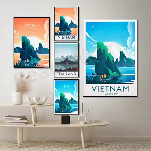 Vietnam traditional travel print - Halong Bay, Vietnam poster, Hanoi, Thailand, Khao Sok National Pa