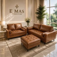 LIVING MODERN SOFA （PREMIUM LEATHER 100% SOLID WOOD SOFA） 3 SEATER + 2 SEATER + 1 SEATER + STOOL