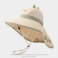 BB遮陽漁夫帽 薄款透氣大帽檐 兒童防曬太陽帽 男女童適用- 米色【小恐龍披肩】 50-54cm可調節 建議2-10歲