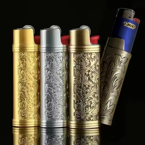 1 Vintage-Style Metal Lighter Case with Floral Engraving - Fits BIC J3 Medium Metal Lighter - Lighte