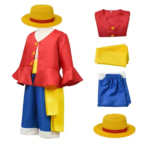 Kinder Anime Luffy Cosplay Kostuum Met Strohoed Voor Jongens Halloween Carnaval Uniform Jas Broek Ri