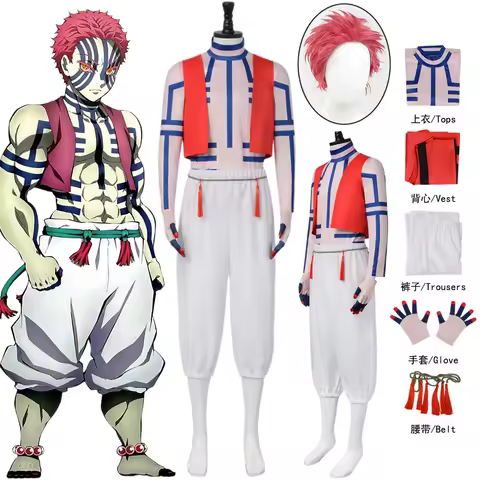 Anime Akaza Cosplay Costume Demonn Kimetsu No Yaiba Hakuji Akaza Wig Slayer for Men Boys Halloween P
