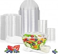 32oz Disposable Salad Bowls with Lids 50 Sets 200 Pcs, Clear Plastic Salad Bowls with Sauce Cups and