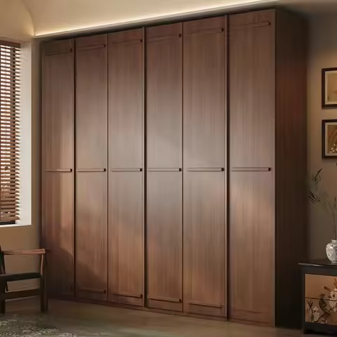 Walnut Color Solid Wood Wardrobe, Full-Height OSB Closet with Skeleton Line Design for Bedroom & Mid