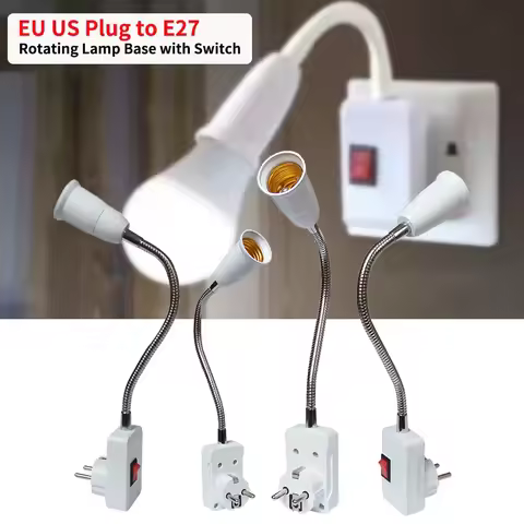 20cm 30cm 50cm Flexible EU US Plug to E27 Lamp Holder with Switch Rotating Lamp Base Table Lamp Conv