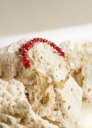 ST.MALO 秘魯Paola Arguello紅珊瑚納斯卡鍍24K金猴形珍珠手鏈-2490PA-紅珊瑚/珍珠/陶瓷