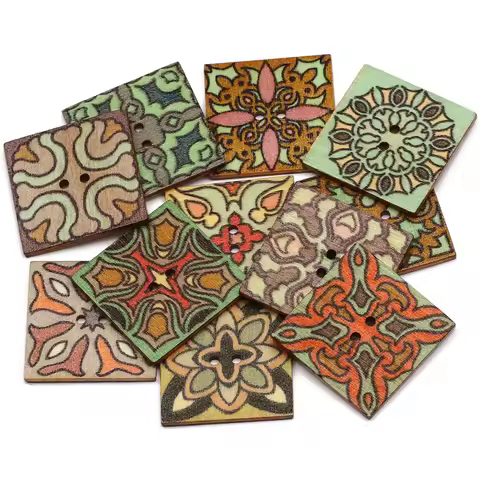 50pcs 25mm Mixed Vintage Pattern Wooden Buttons Square 2 Hole Sewing Button for Kid's Clothing Scrap