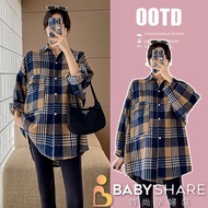 Super Collision Milk Tea Color Checked Brushed Long-Sleeved Shirt Jacket Maternity Wear BabyShare Fa