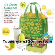 Tupperware Go Green 620ml Square Lunch Box, 450ml Tumbler Container, 180ml Round Snack Cup and Cutlery Gift Bag Set of 5