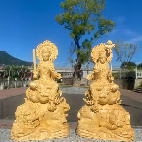 Hand-Carved Hinoki Manjushri & Samantabhadra Bodhisattva Statue - 9.8"x5.7"x3.3" Zodiac Guardian Hom