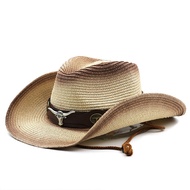 Fedora  Jazz Straw Hats with Large Eaves, Sun Beach Cowboy Cow Head Belts
