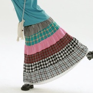 綠色格紋 拼布格子蛋糕裙 文藝復古撞色拼接半身長裙