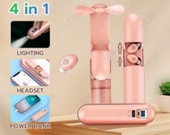 Headset LED Kipas Powerbank 4 In 1 Wireless Earphone Mini Fan Flashlight Powerbank - T64
