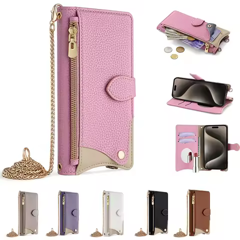 Luxury Zipper Pocket Wallet Case For Sharp Aquos R9 R8 Pro R7 R6 V6 Plus Metal Chain Leather Crossbo
