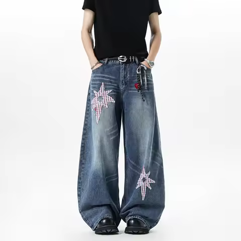 American Streetwear Embroidered Denim Curved Pants Men's High Street Design Straight Baggy Jeans Y2K