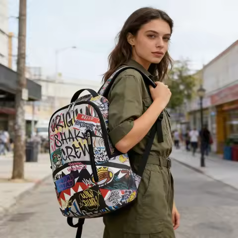 A Hip-Hop Street-Style Backpack with Spray-Painted Ground Motifs for Men, a New Trendy Lightweight P