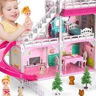 Dollhouses, Housetoys Furniture Pink Girl Toys, 4 Stories 10 Rooms Dreamhome with 2 Princesses Slide
