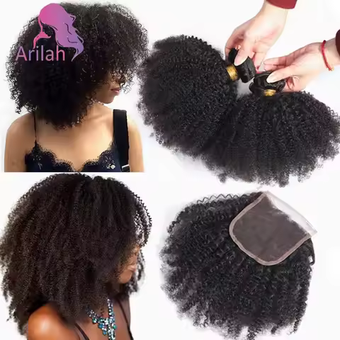 Mongolian Afro Kinky Curly Bundles Human Hair Bundles With 4x4 Lace Closure For Black Women 100% Unp
