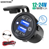KEBETEME 4.2A Dual USB Car Charger 12V 24V Fast Charging Waterproof Adapters Sockets 60CM Cable With Touch switch
