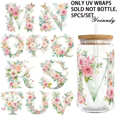 5Pcs/Set Floral Alphabet Letter 16OZ Transfer Paper UV DTF High Self-Adhesive Transfer Paper Suitabl