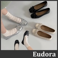 [Eudora] Ballet Style Silver Low-Heel Bag Shoes Baby Small Leather Bow Flat Loafers Lazy Black Flat 