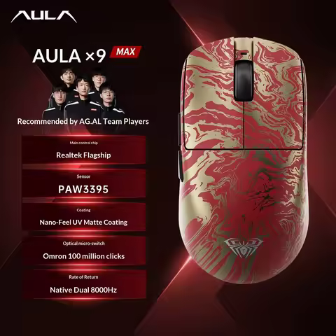 AULA X9 Max Ultra Wireless Gaming Mouse Tri Mode Dual 8KHz PAW3950 500mAh Lightweight Ergonomic Espo