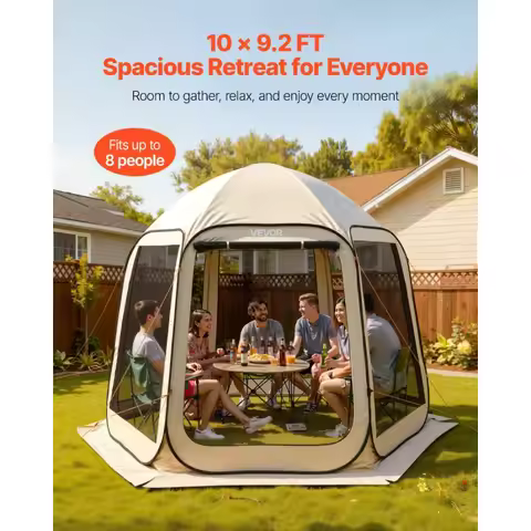 Screen House Tent 10 x 9.2 ft Beige 4-8 Person Pop Up Screened Canopy with Netting Sides Ground Stak
