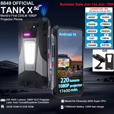 8849 Tank X Unihertz 220 Lumens Projector Rugged Smart Phone Support 1080P Android 15 17600mAh 32GB