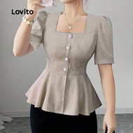 (Elegant) Lovito Blouse Button Front Ruffle Hem Spring/summer Brown Blouse for Women L142LD042 (New)