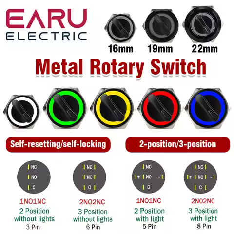 16MM 19MM 22MM Self-return Self-locking Waterproof DPDT Illuminated Metal Selector Knob Rotary Switc
