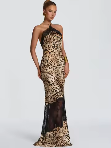 JULISSA MO Leopard Print Patchwork Sheer Lace Halter Women Maxi Dress Backless High Waist Dress Slim